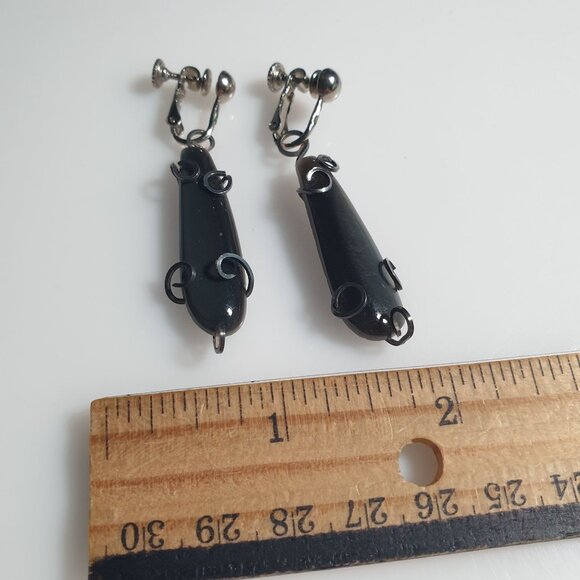 Vintage Black Stone Drop Clip Earrings Silver Tone Wire Wrap Screw Back Retro - Picture 3 of 5